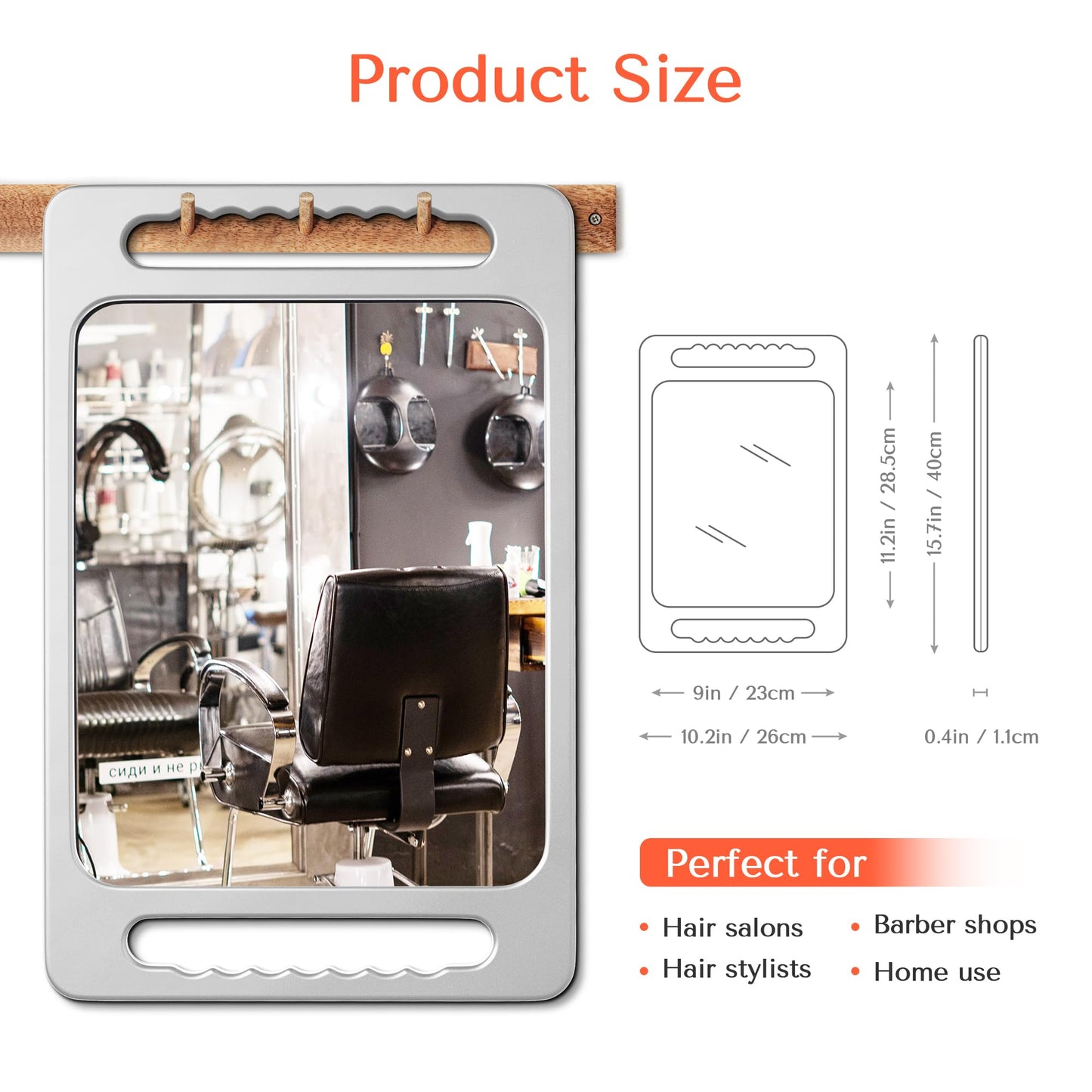 TASALON Unbreakable Hand Mirror with Double Handle- Large Handheld Barber Mirror for Hair and beauty Salon - Durable Hand Held Mirrors for barbershop - Haircut Mirror with Double Handgrip- Silver Gray