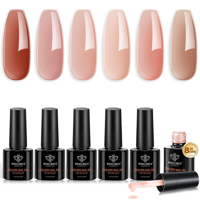 modelones Builder Gel for Nails, 6 Colors Gel Builder Nail Kit 8-in-One, Fall Maple Pink Nude Nail Polish Apex Building Strengthener Extension LED Nail Lamp Cured Color Base