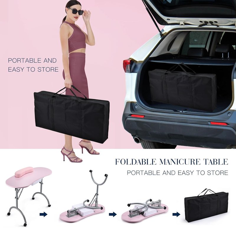 Joligrace Professional Foldable & Portable Manicure Table Nail Technician Desk Workstation 4 Lockable Wheels with Drawer Client Wrist Pad Free Carrying Bag Travel Nail Tech Spa Beauty Table Pink