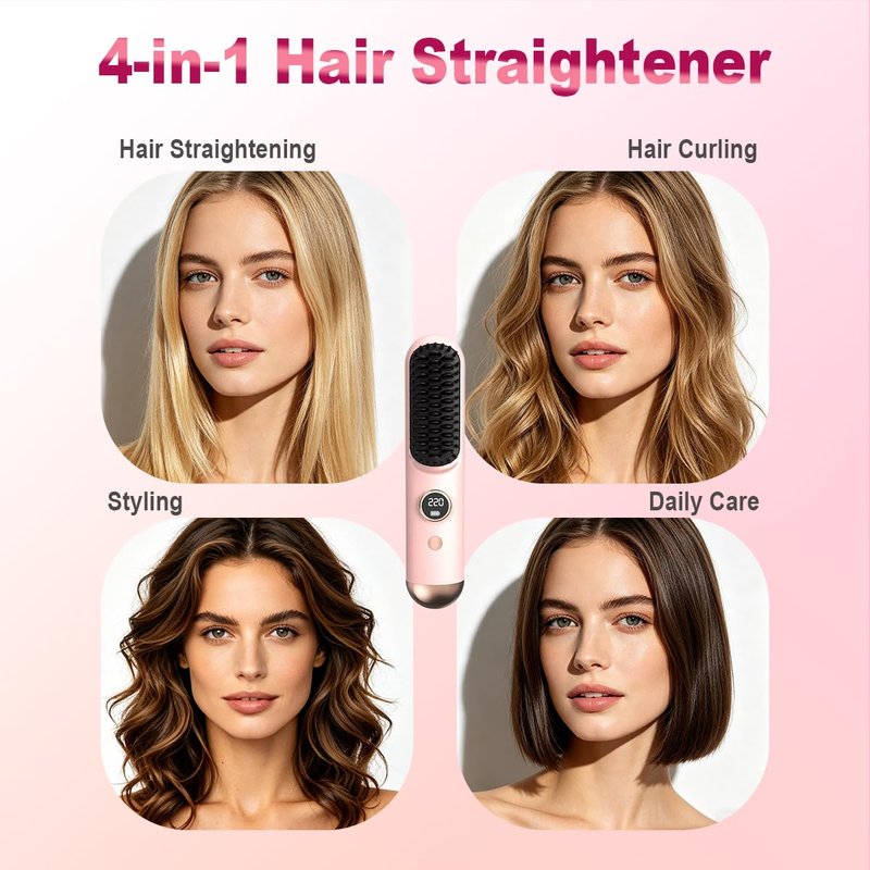 Go Brush Pro 2026 Upgraded Cordless Hair Straightener Brush for Short Hair, LED Display, MCH Heating, 9 Heat Settings 120°C–220°C (248°F–428°F), 200M Negative Ions