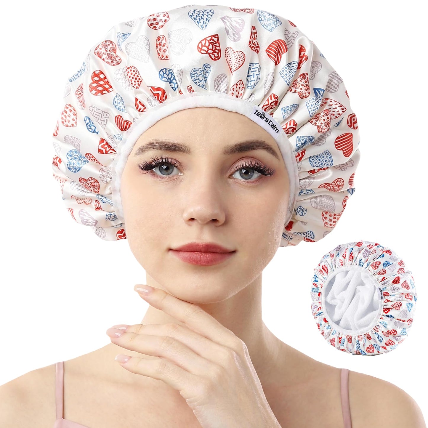 Years calm Terry Lined Shower Cap, Triple Layer Heart Motifs,Waterproof Reusable Elastic,Hair Shower Cap for Women,Terry Cloth Shower Caps for Spa,Clean,Trave (White, One Size)