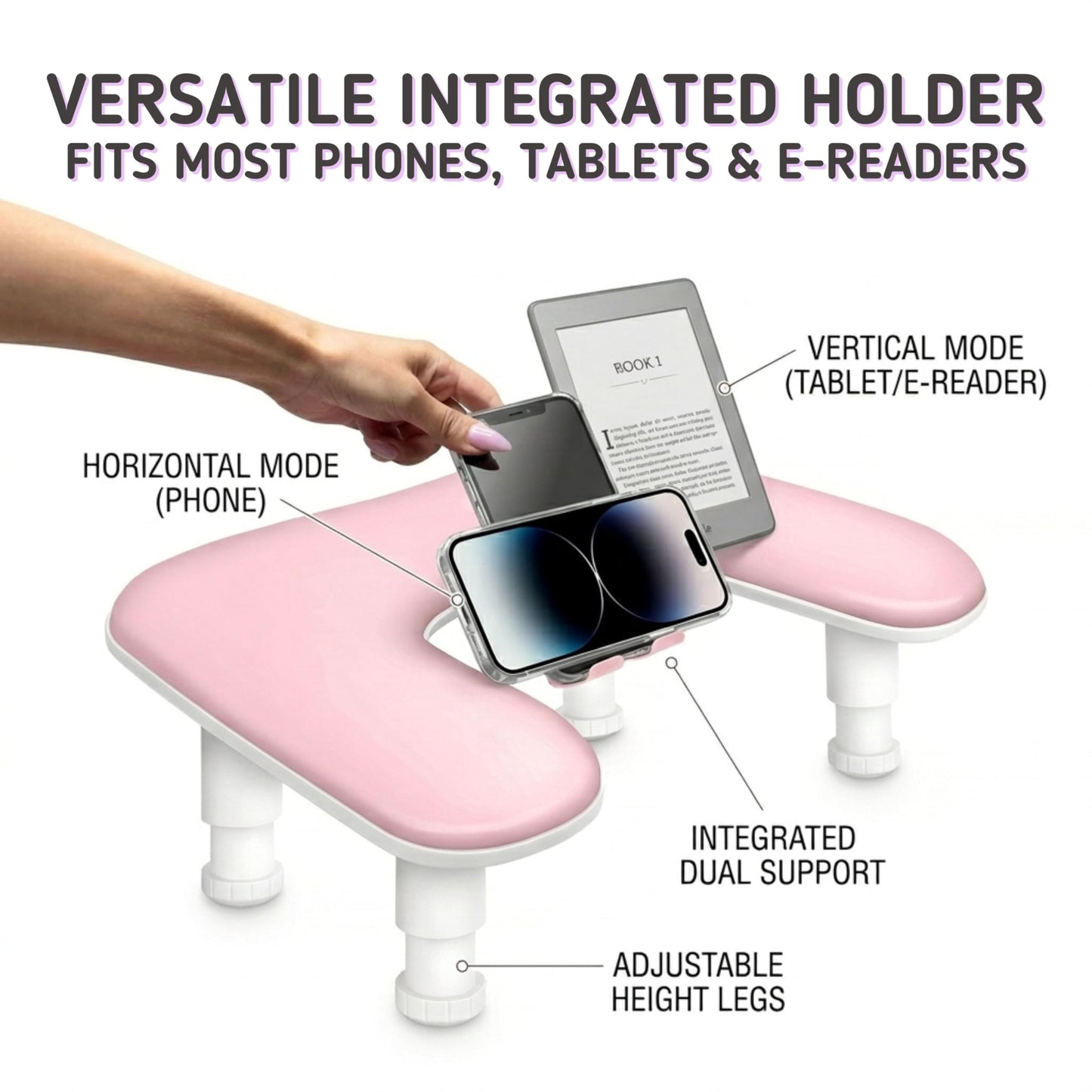 U Shaped Arm Rest for Nails Tech with Rotating Phone Holder - Adjustable Nail Arm Rest with Phone Holder - Detachable Manicure Hand Pillow for Salon or Home Use (Pink)