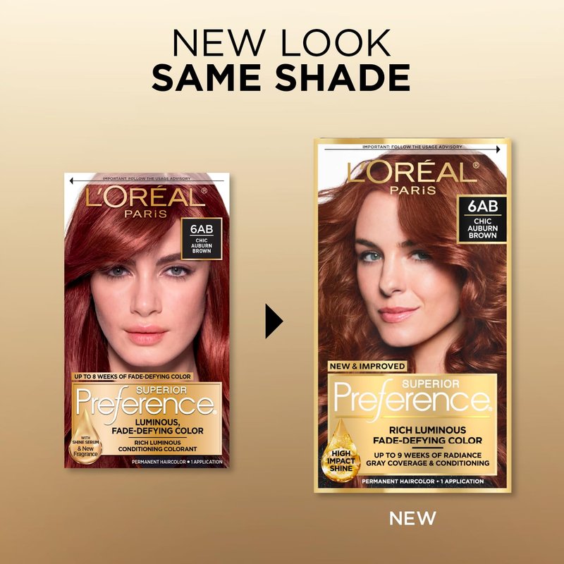 L'Oreal Paris Superior Preference Luminous Fade-Defying Permanent Hair Color, Hair Dye For Up to 9 Weeks of Radiance, Chic Auburn Brown 6AB, 1 Hair Dye Kit (Pack of 2)