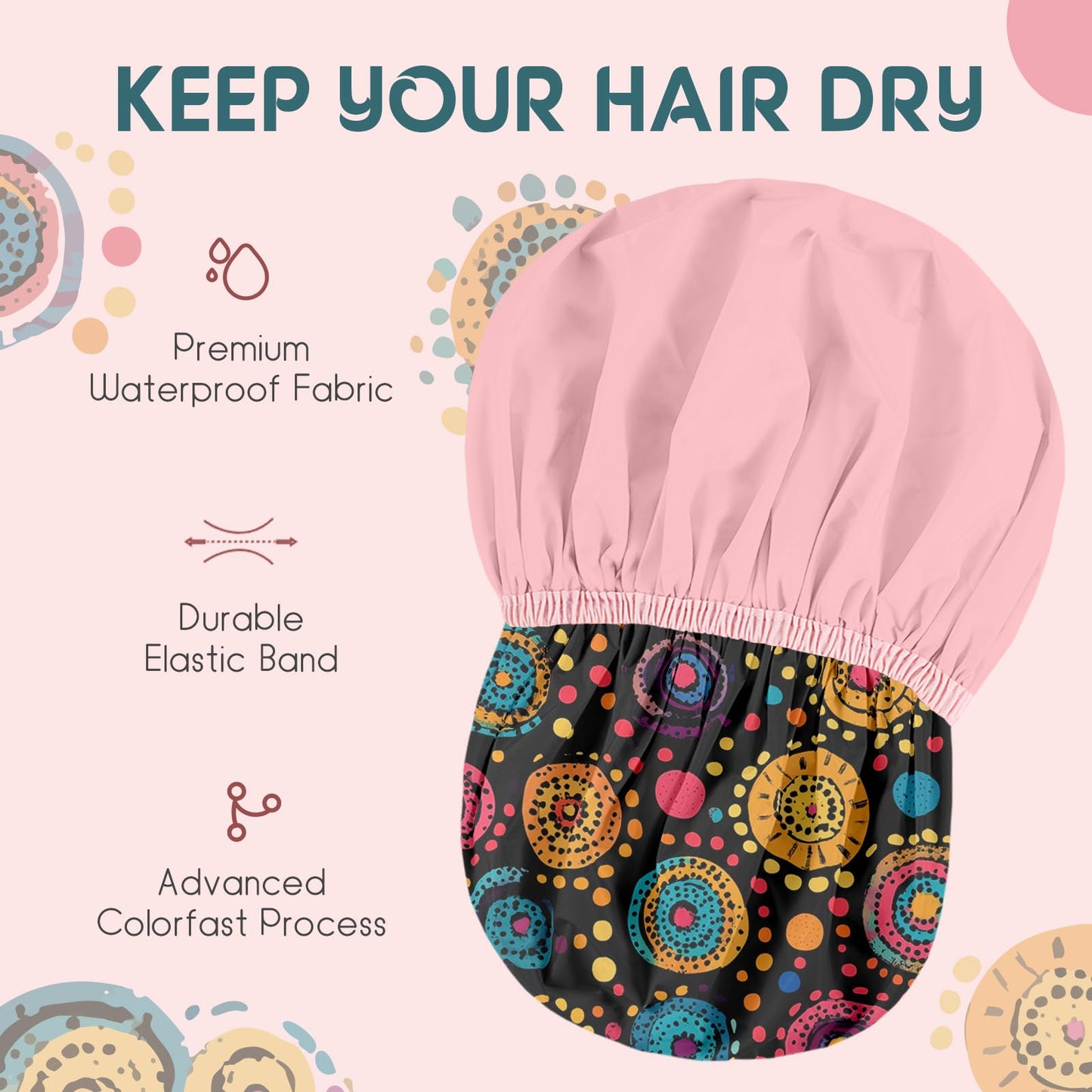 Years calm Luxury Shower Caps for Women Reusable Waterproof – Polka Dot Double Layer Bath Cap with Adjustable Elastic for Braids & Long Hair, Comfortable & Stylish, Versatile Use (Black)