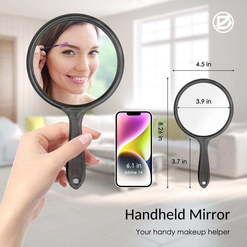 D Double Sided Mirror - Handheld Mirror with Handle - Makeup Mirror 1X/ 2X Magnifying Mirror Rounded Shape Hand Mirror - Black