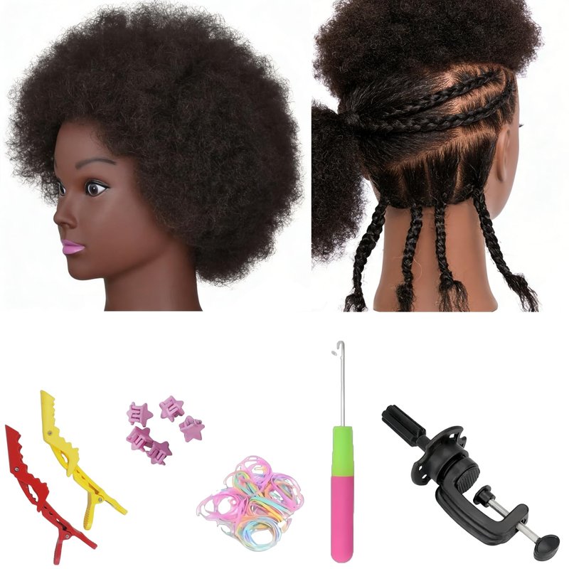 Czrleaty African Braiding Mannequin Head with 100% Human Hair, 8" Cosmetology Afro Mannequin Head for Kids Practice Braiding - Training Manikin Doll Head for Hair Styling
