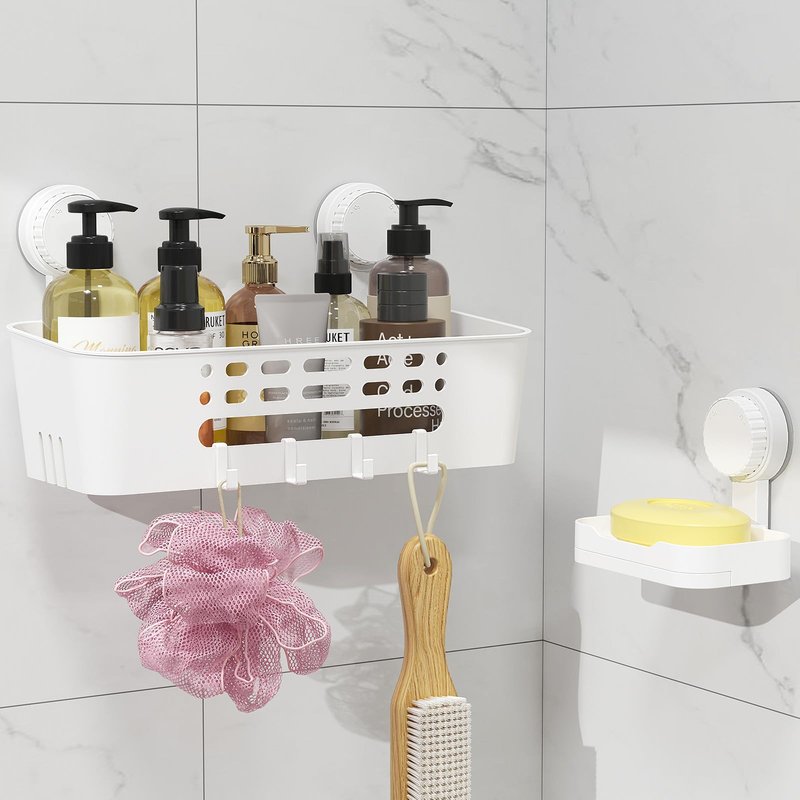 Lifewit Suction Cup Shower Caddy + Soap Dish, Removable Large Basket and Bar Soap Holder for Inside Shower, NO-Drilling Bathroom Kitchen Organizers, 31 x 17 x 14 cm/12 x 5 x 7 inch, Set of 1