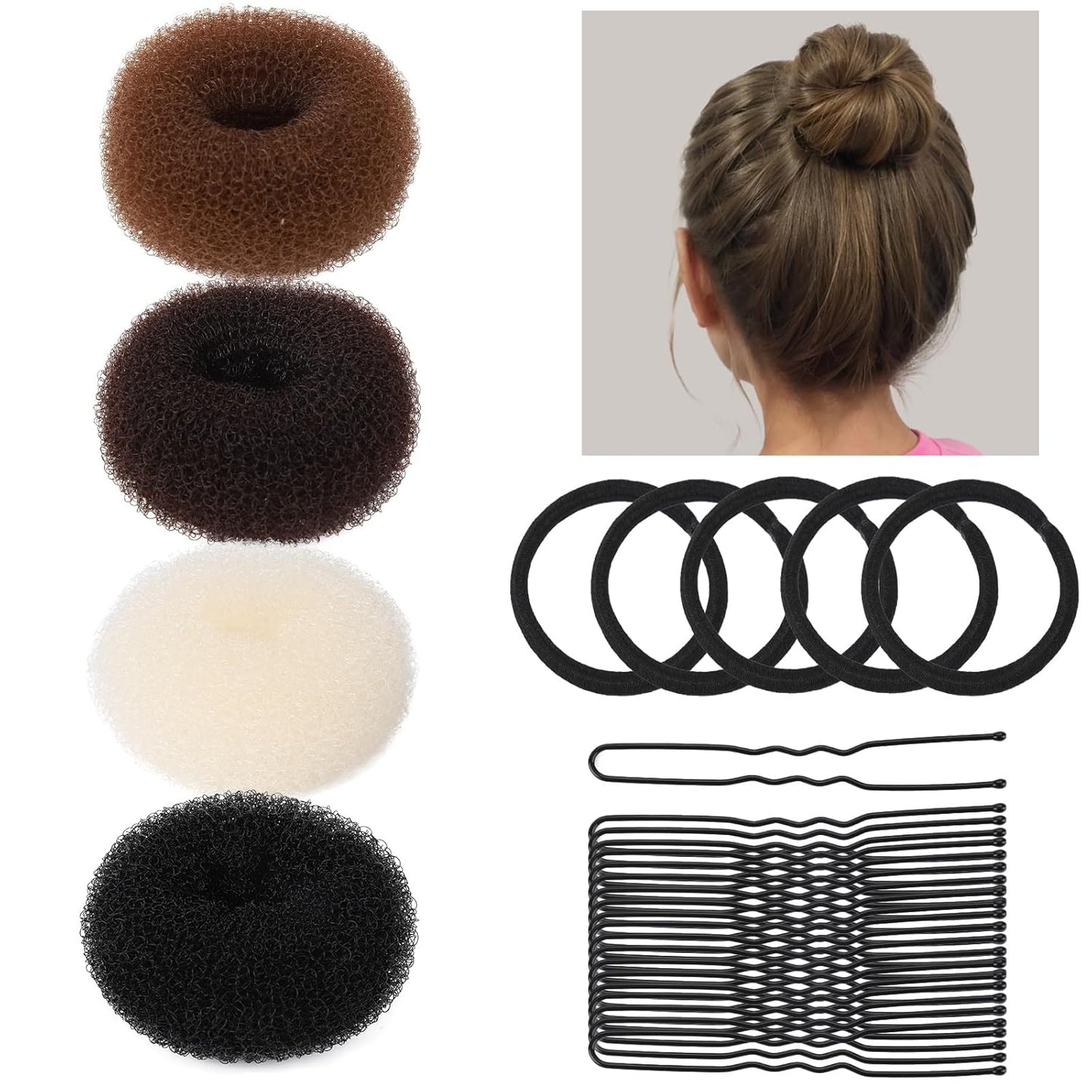 Teenitor Hair Bun Maker Set - Small Donut Style in 4 Colors with 5 Elastic Bands & 20 Hair Pins