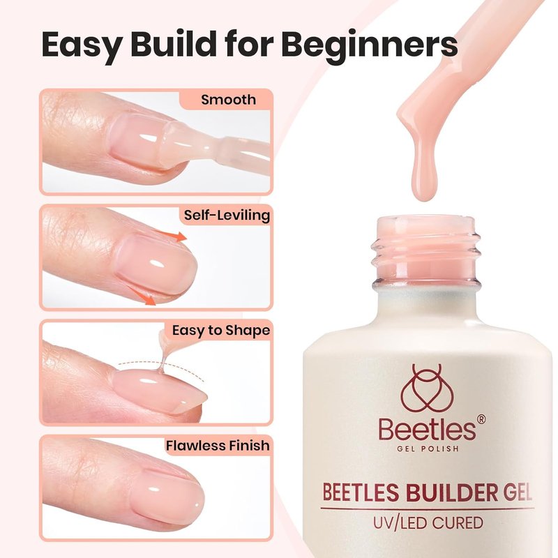 Beetles Builder Gel Nail Kit - 8-in-1 Thickening & Strengthening Gel | UV Clear & Jelly Nude for DIY Home Salon