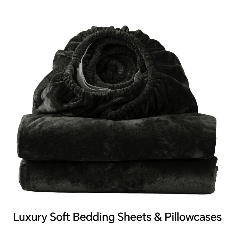 BEDELITE Velvet Fitted Sheet and Pillowcases Set, Luxury Soft Fuzzy Bottom Sheet with Reinforced Elastic Corner Straps, Deep Pocket up to 15 Inch, 1 Fitted Sheet and 2 Pillowcases (Queen, Black)