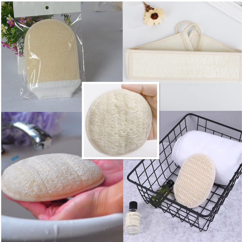ENLAYER 6 Pack Natural Loofah Exfoliating Back Scrubber and Pad Set for Deep Cleaning in Shower, Natural Luffa Shower Bath Sponge Exfoliating Washcloth Face Scrubber Pad