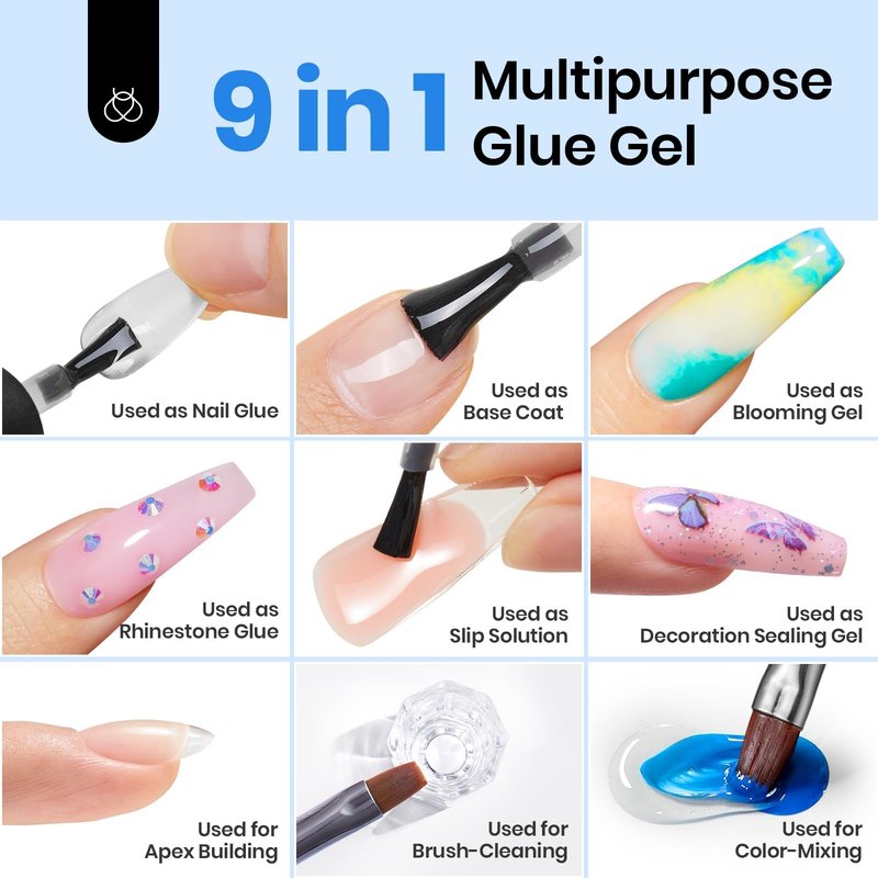 beetles Gel Polish 9 in 1 Nail Glue Gel for Nails Tips 10ml Long Lasting Uv Nail Glue for Acrylic False Nail Tips Base Coat Blooming Nail Gel Led Lamp Required