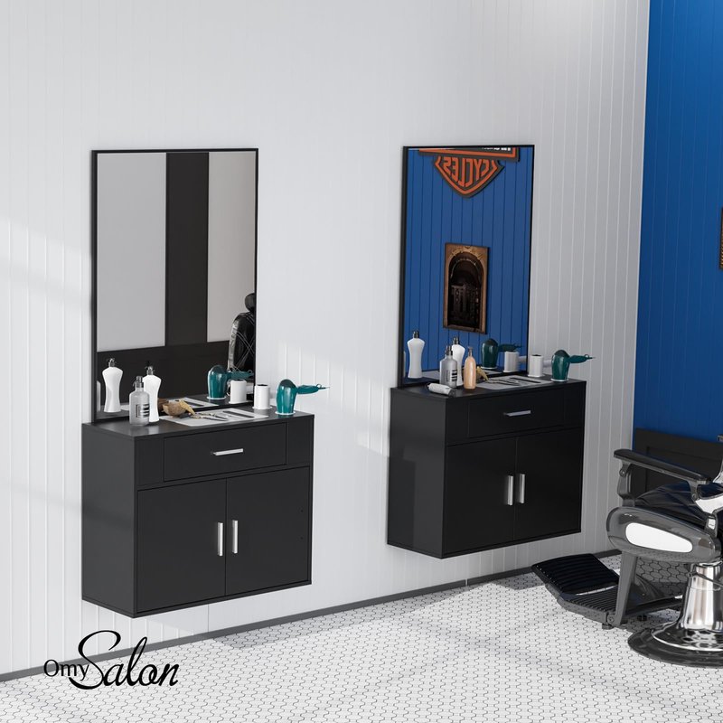 OmySalon Wall Mount Salon Station with Mirror, Hair Styling Barber Station, Beauty Salon Spa Equipment with 1 Drawer, 1 Storage Cabinet, 2 Hair Dryer Holders, Black