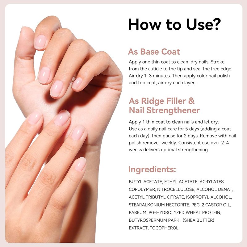 Ridge Filler Base Coat - 3-in-1 Nail Strengthener & Growth | Clear Fortifying Formula for Damaged Nails