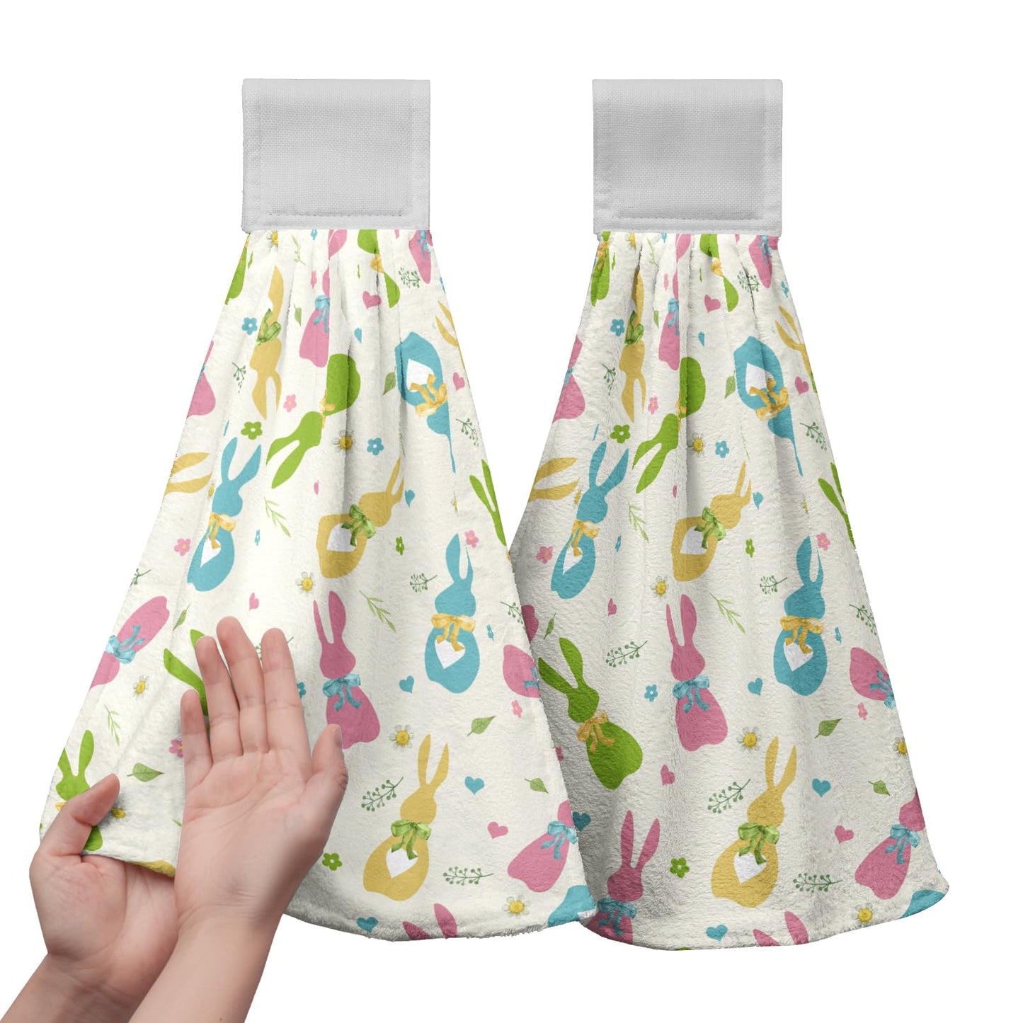 Kwlegh Easter Cute Bunny Hanging Towels Set of 2 Colorful Bunnies Bow Tie Hand Towels Seasonal Spring Holiday Kitchen Towels with Hanging Loop Soft Absorbent Fast Drying Bath Towel for Bathroom