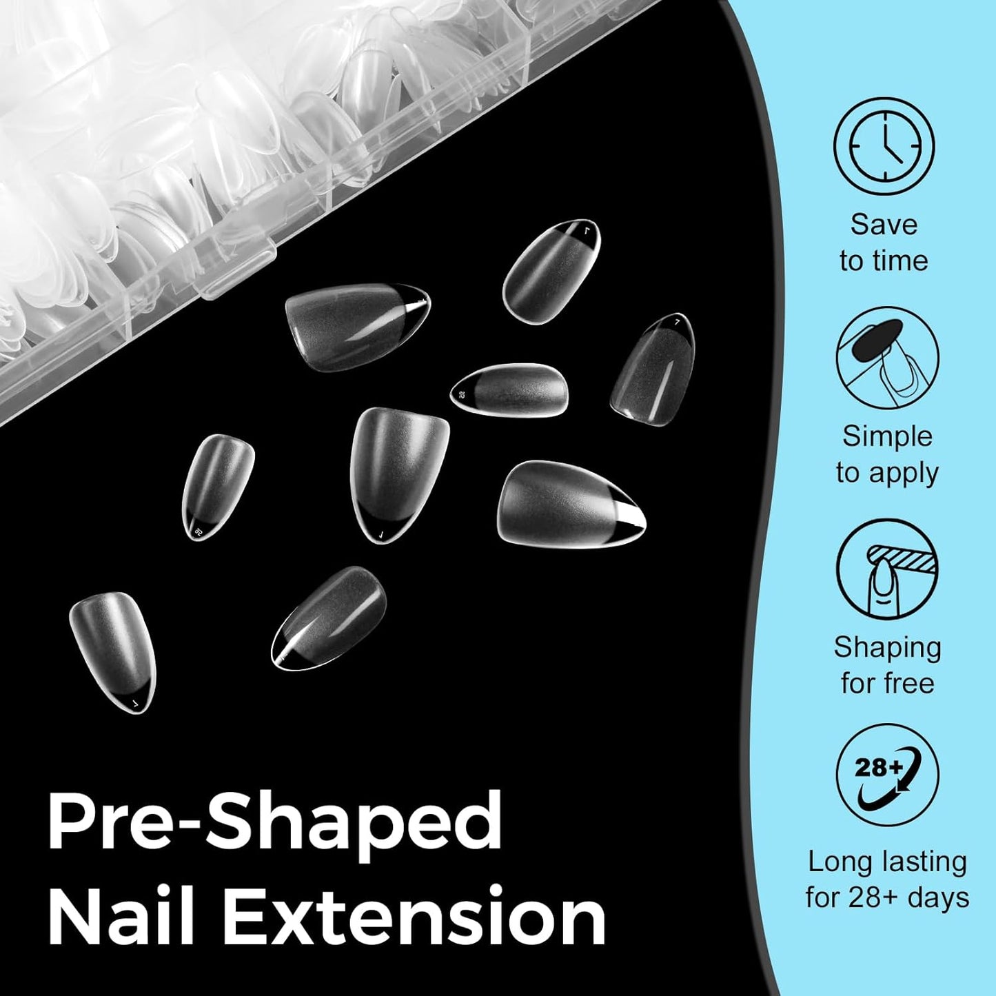 TOMICCA Short Almond Nail Tips - Pre-Shaped Half Matte Clear Full Cover Extensions | 240PCS in 15 Sizes