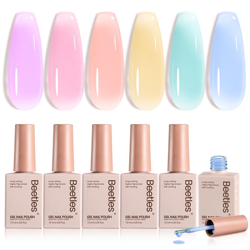 Beetles Pastel Gel Nail Polish Set - 6 Colors Spring Jelly Gel Polish Kit Pink Blue Purple Orange Yellow Green Sheer Translucent Effect Soak Off UV Macaron Dream Nail Art DIY Gift for Women