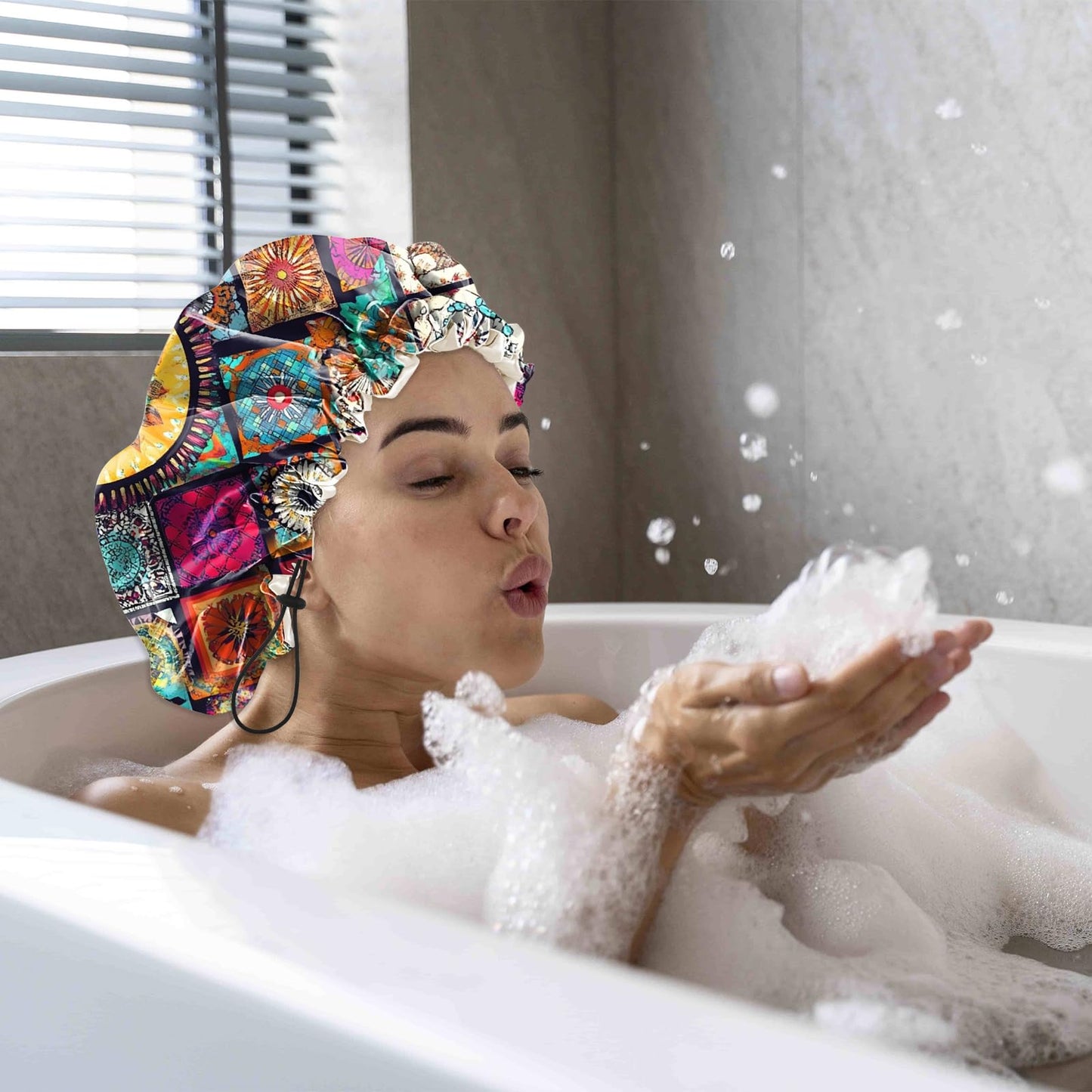 Cabreche Luxury Shower Cap Satin Silk Lined Adjustable Elastic Reusable Waterproof Shower Bath Cap Cute for Women Girls-Mandela