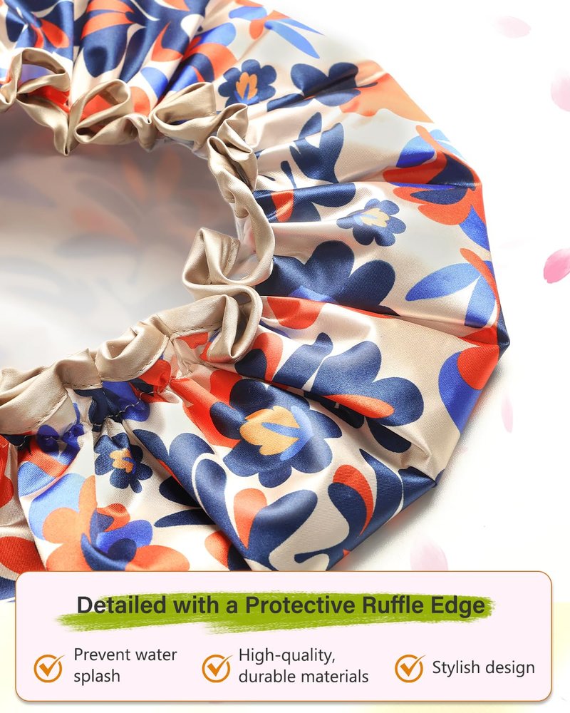 mikimini Reusable Showe Cap for Women Waterproof, Shower Caps with Elastic Band & Double Layers - Adjustable Shower Bonnet for Long Hair, Braids, Bold Abstract Print Hair Cap, Medium