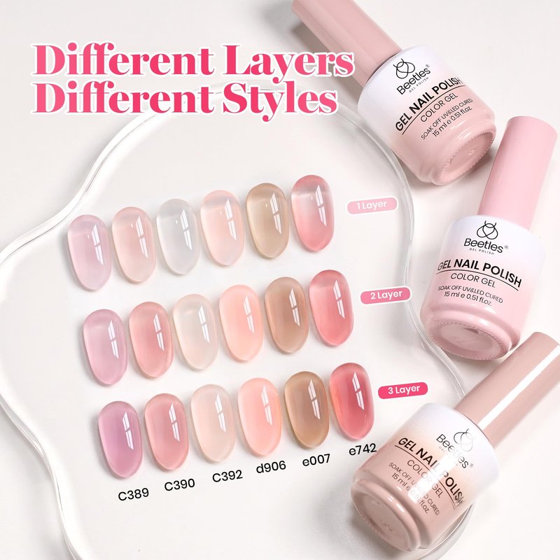 Beetles Sheer Blush Nude Gel Nail Polish Set - 6 Colors 15ML Full Size Nude Pink Brown Neutral Jelly Gel Polish Kit Sheer Translucent Effect Soak Off UV Nail Art Design Manicure Gift for Women
