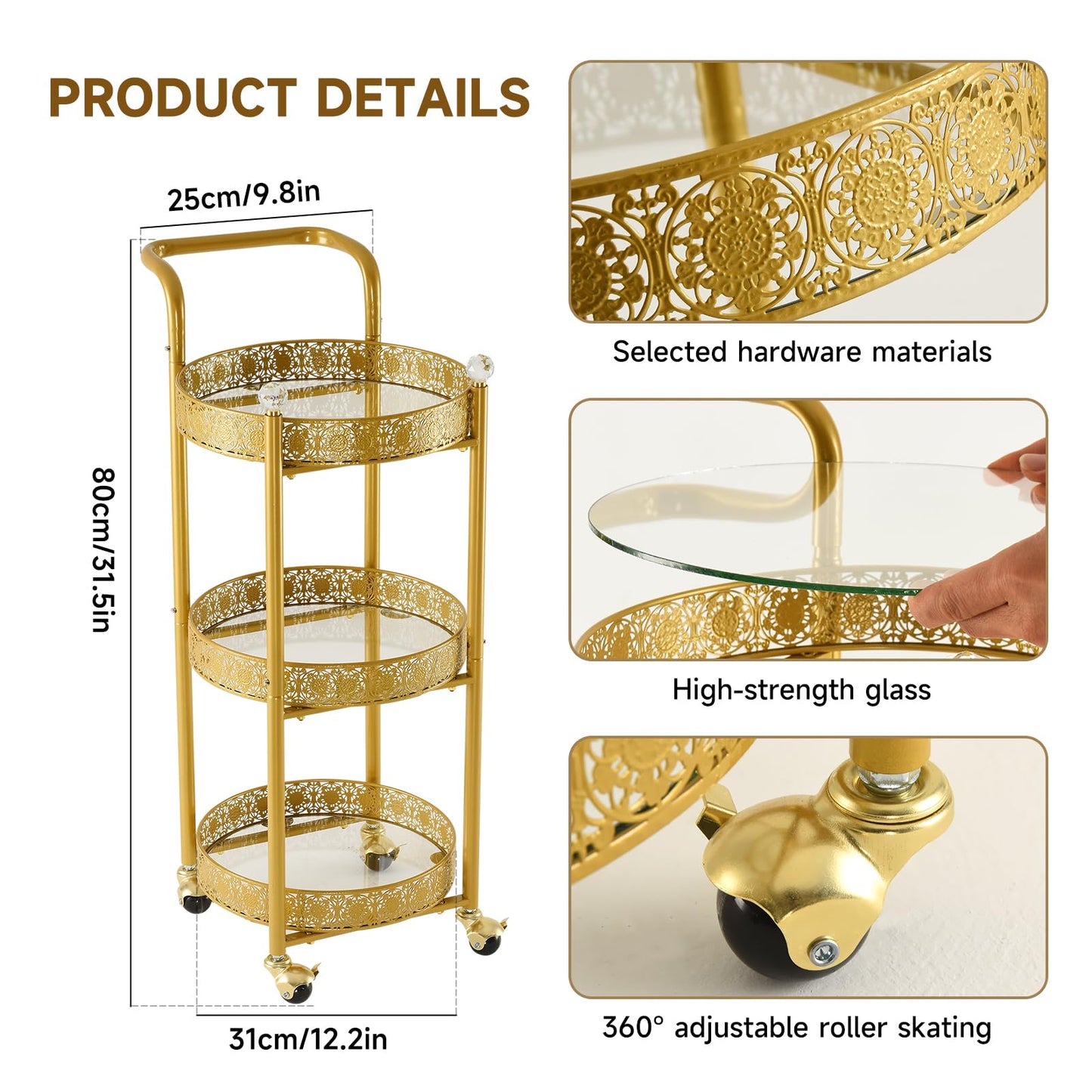 taotanra Multi-Functional Mobile Trolley Golden bar cart is Suitable for Home bar Service, Featuring a Rolling bar cart with Lockable casters, a Glass bar cart with 3 Mirror Holders