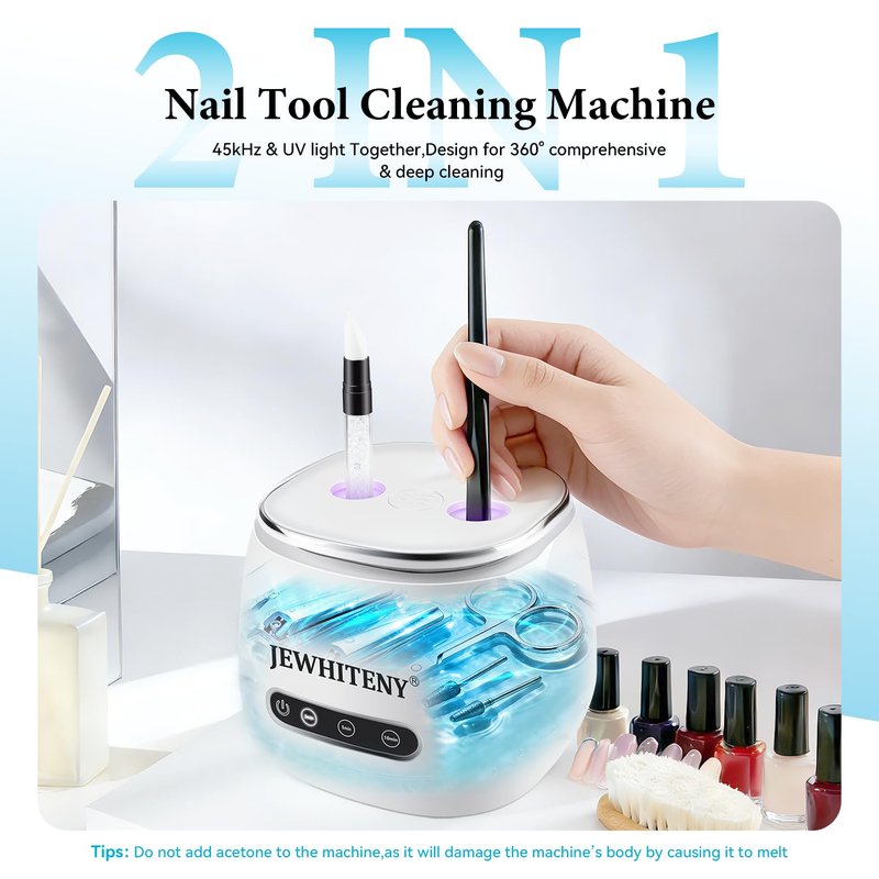 JEWHITENY 2 in 1 Rechargeable Nail Tool Cleaning Machine:3 Timers Mode for Nail Drill Bits,Automatic U V Light & 45k Hz Deep Cleaner,Nail Art Brush, Nail Clipper, Jewelry Cleaning, Salon & Home Use