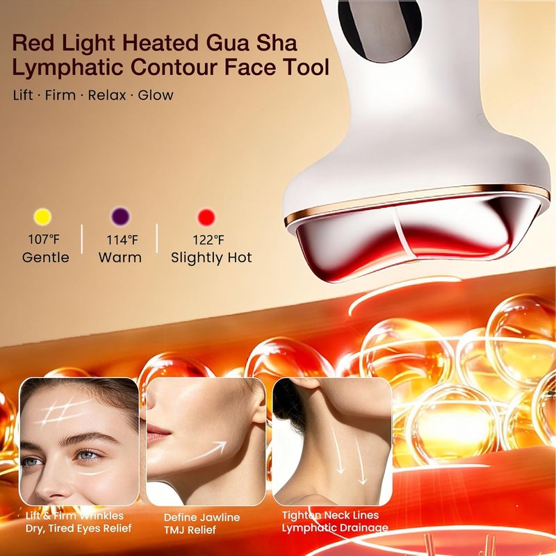 Gua Sha Facial Neck Massager - 7-in-1 LED Red Light Depuffer Tool for Contouring & Firming | Hot & Cold Electric Wand