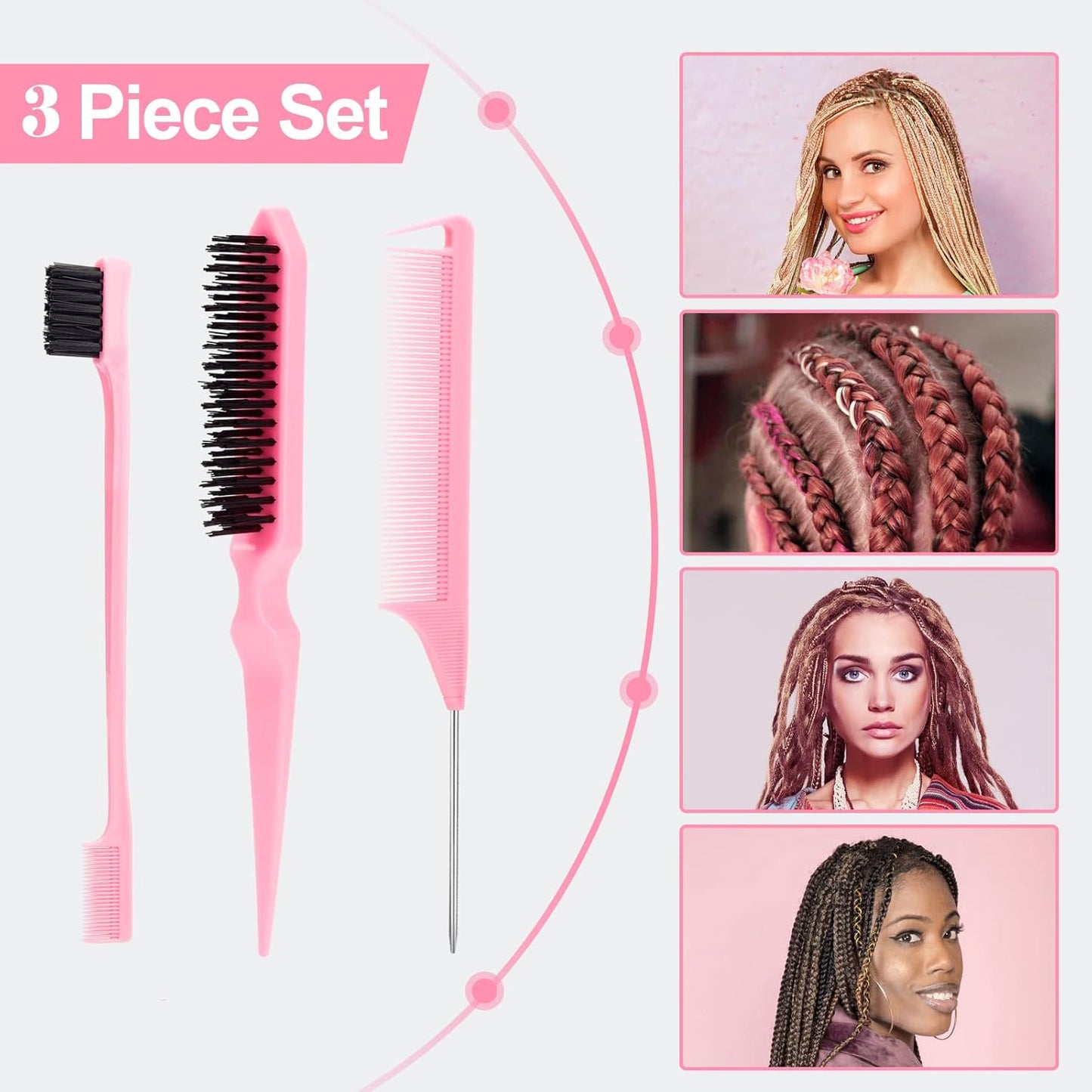 Sweet View Hair Brush Set - 3 Pcs Slick Back Brush, Rat Tail Comb & Bristle Brush for Kids' Ponytails & Edges