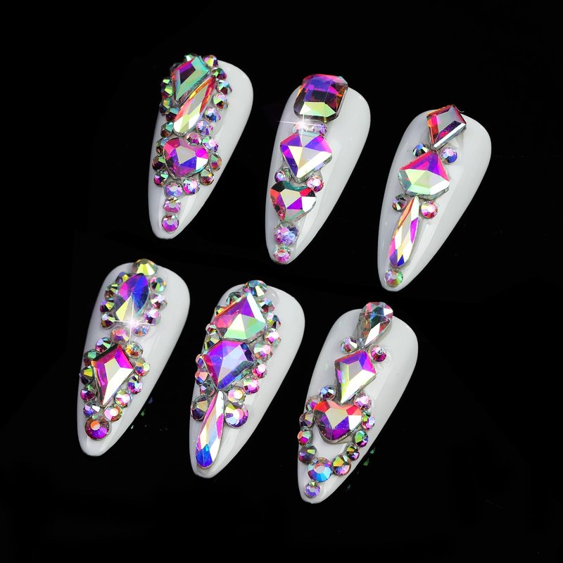 Cycullinyt 1660Pcs Crystal AB Nail Art Rhinestones: 8 Types of Multi Shapes Diamonds + 4 Sizes Flatback DIY Crafts Rhinestone Crystals 3D Glass Stones Set + Tweezer + Pickup Pen