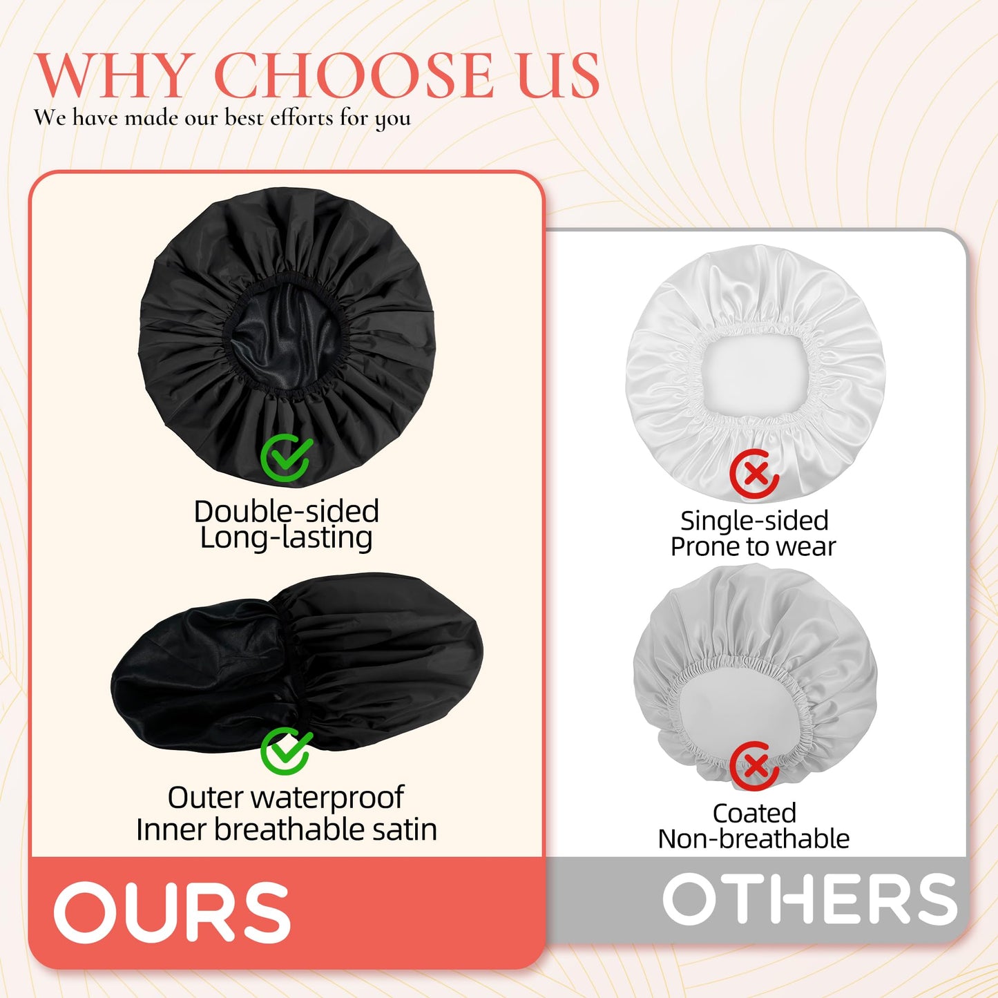 Extra Large Shower Cap for Women, Reusable Waterproof Shower Bonnet with Satin Lining, Double Layer Washable Bath Hair Cap for Braids, Locs, Long Thick Curly Hair, Natural Hair(Big Black)