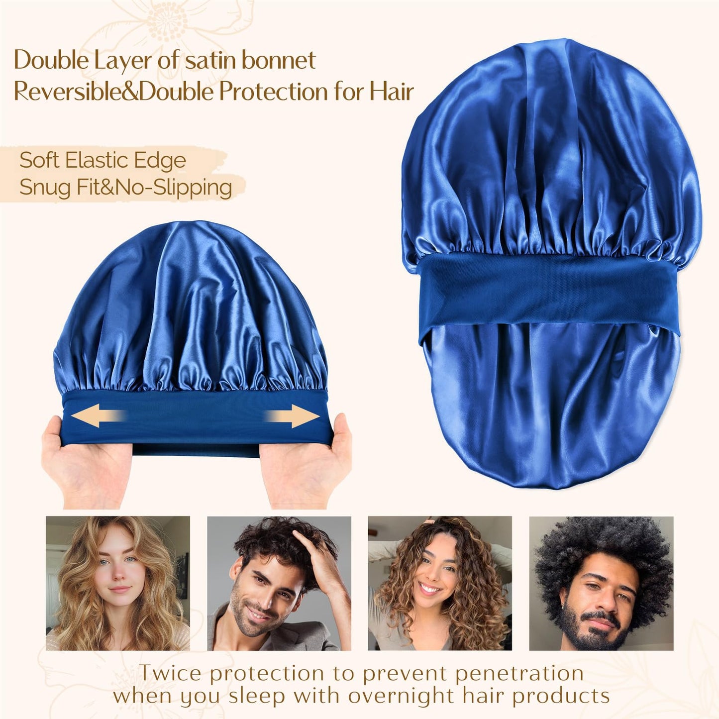 YANIBEST Silk Bonnet for Men Women Hair Bonnet for Sleeping Double Layer Satin Bonnet for Natural Curly Hair Unisex Sleep Cap, Royal Blue