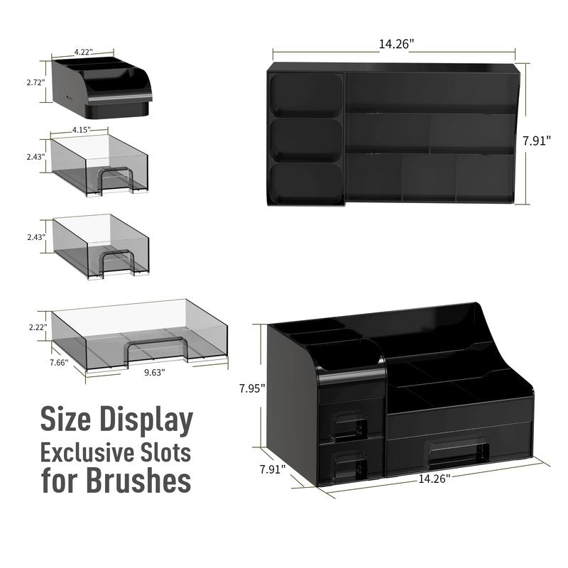 Mriluvy Makeup Organizer with Drawers,Large Cosmetic Storage Box,Countertop Skincare Organizer,ABS Makeup Brush Holder for Bathroom,Desk,Dresser,Multifunctional Beauty Display Case,Black transparent
