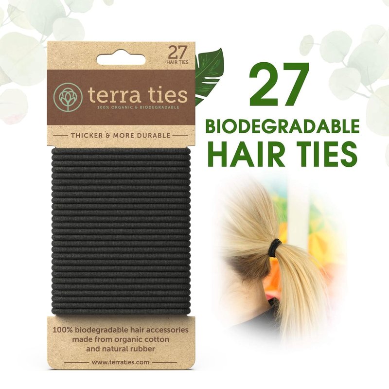 Biodegradable Elastic Hair Ties - Organic No Crease Black Ponytail Holders | 5mm, 27 Count