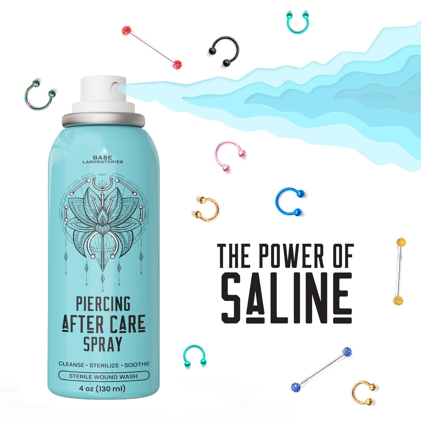 BASE LABORATORIES Piercing Aftercare Spray 4oz | Saline Spray for Piercings | Ear Piercing Cleaner Spray | Saline Solution for Piercings | Piercing & Keloid Bump Removal for Ears, Belly & Nose | 3PK