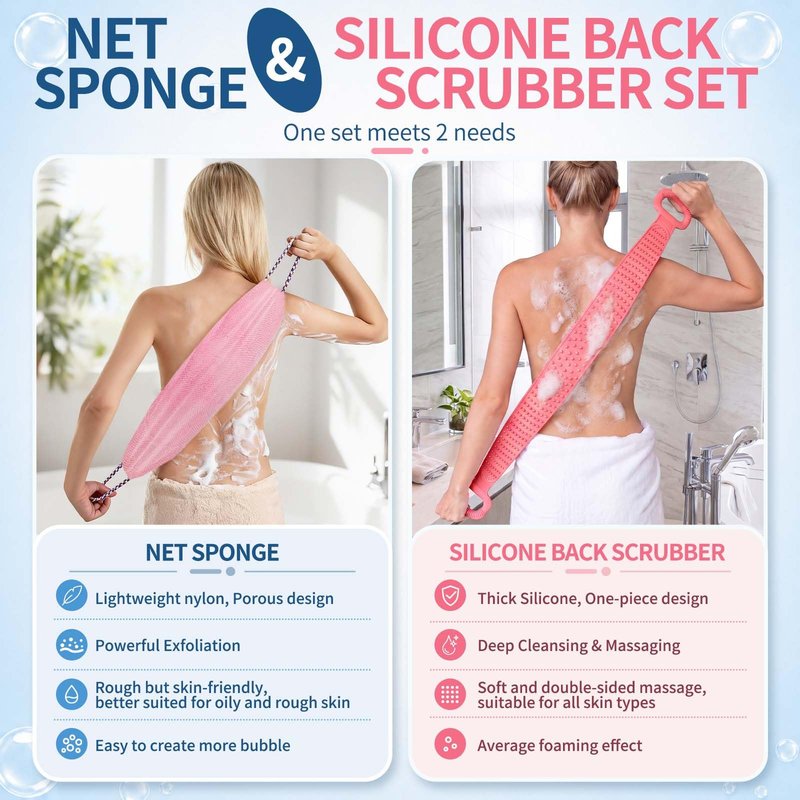 Manmihealth Silicone Back Scrubber for Shower & African Net Sponge Net Set, 36'' Dual-Sided Back Washer & African Long Bath Sponge, Extendable Long Silicone Body Brush (Pink+Pink)