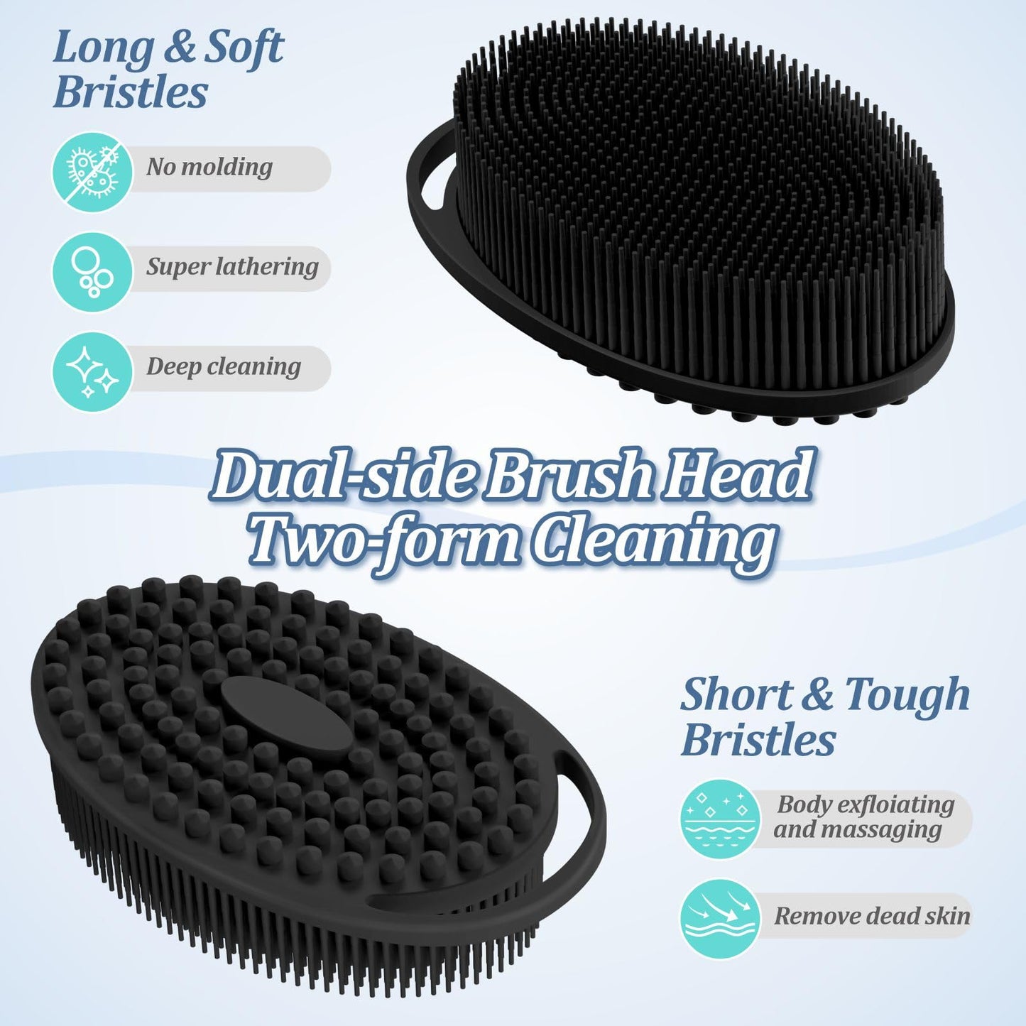 GEENOA Soft Silicone Body Scrubber 2PCS, 2-in-1 Bath & Shampoo Brush with Dual-Side Usage, Hygienic Silicone Loofah Shower Scrubber for Gentle Exfoliating & Good Lathering(Blackx2)
