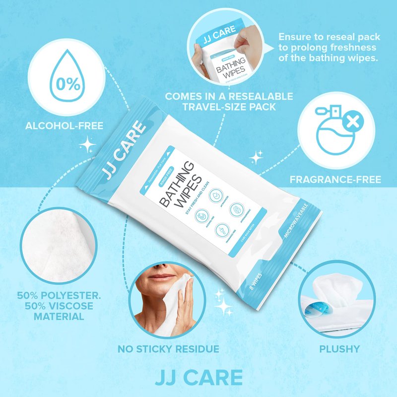 JJ CARE Shower Wipes For Adults No Rinse - Bulk Pack of 40 Body Wipes for Adults Bathing | 320 Count Disposable No Rinse Disposable Washcloths, Waterless Body Wash for Elderly
