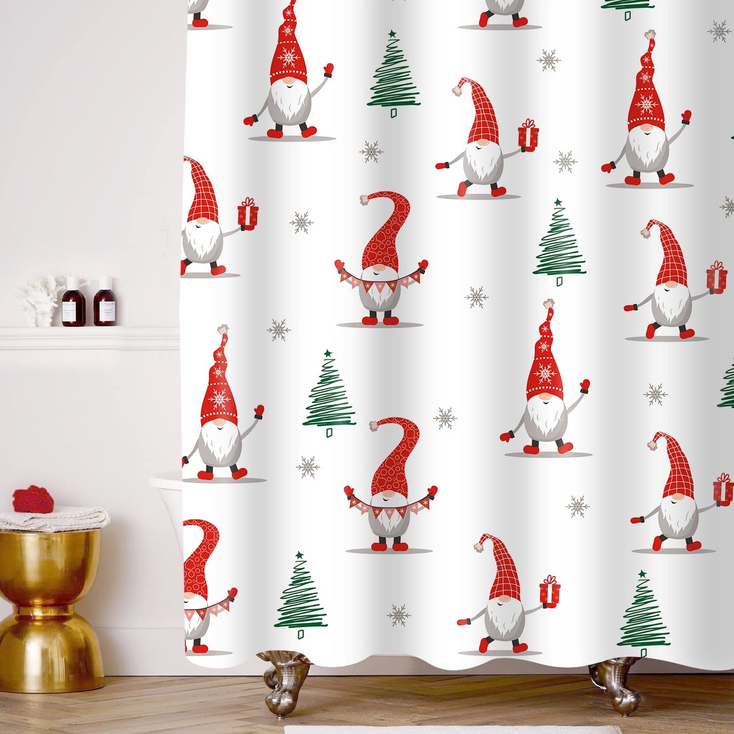 Sunlit Christmas Shower Curtain, Red Gnome Elf Doll and Xmas Trees Snowflake Pattern Shower Curtain for Bathroom Decor, 71x71 Inch