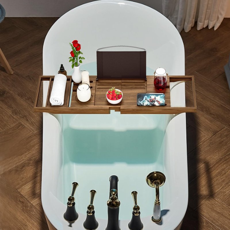 Premium Teak Bathtub Tray Caddy, Wooden Bath Caddy Trays for Bathtub, Bath Tub Wood Tray Table for Tub,Expandable Size, Fits Most Bath Tubs