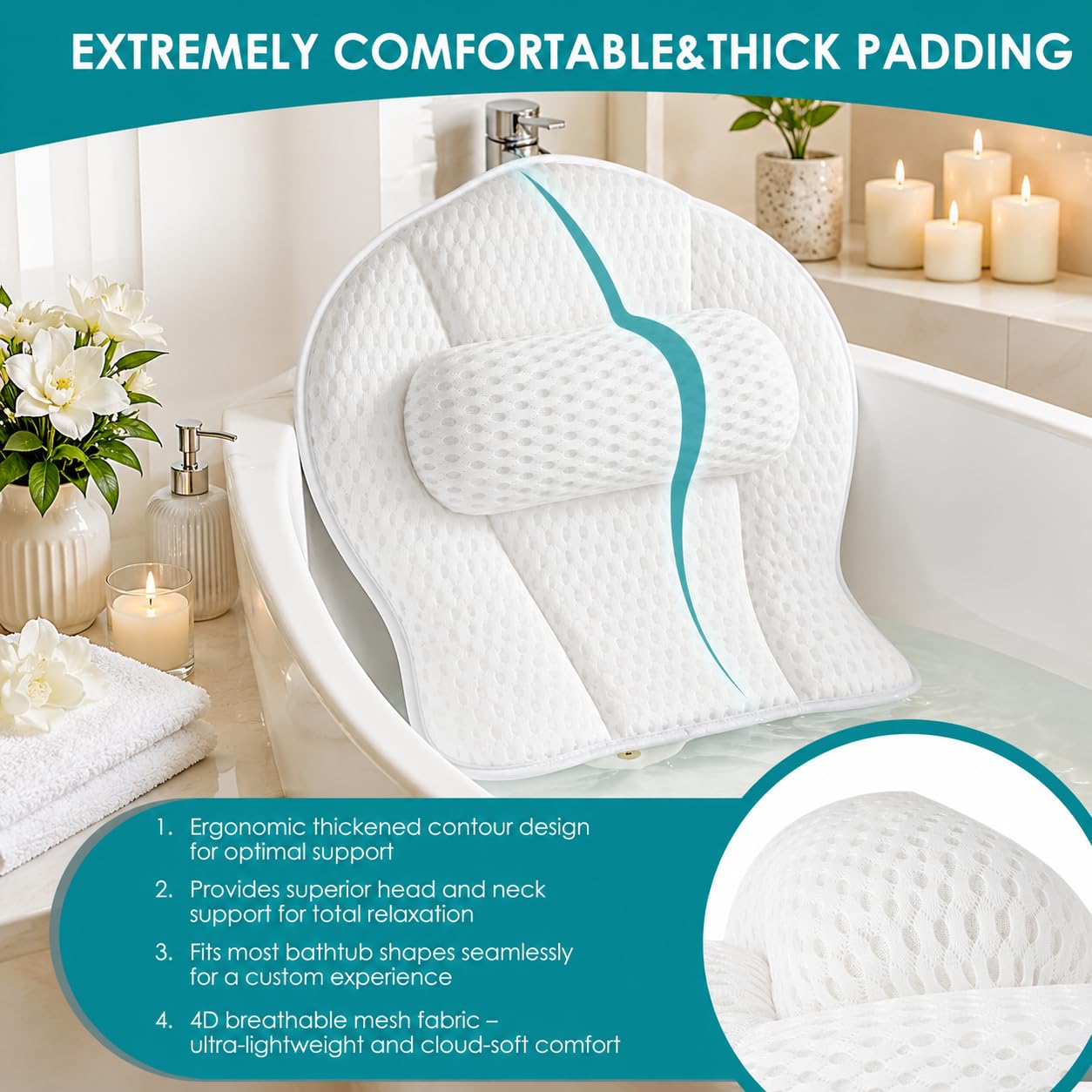 SQLHM Bath Pillows for Tub,Luxury Bath Pillow for Neck and Back Support-with Comfortable Breathable Cotton 6 Non-Slip Suction (Extra Thick Style)