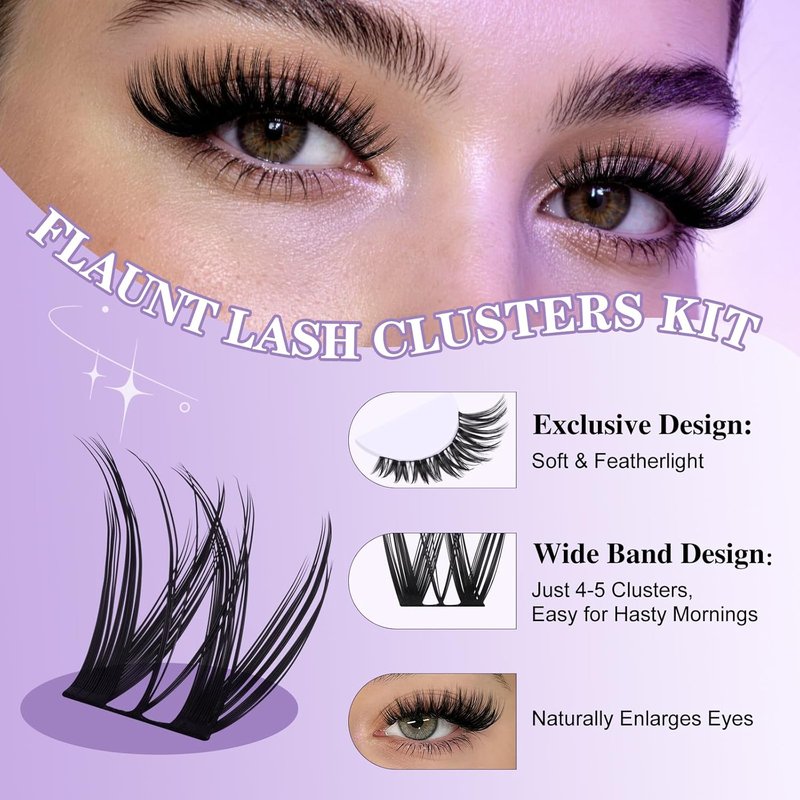 Flaunt Lash Clusters Kit - D-Curl Flora Eyelash Extensions | 8-18mm Wet Look Wispy Clusters for Medium Drama