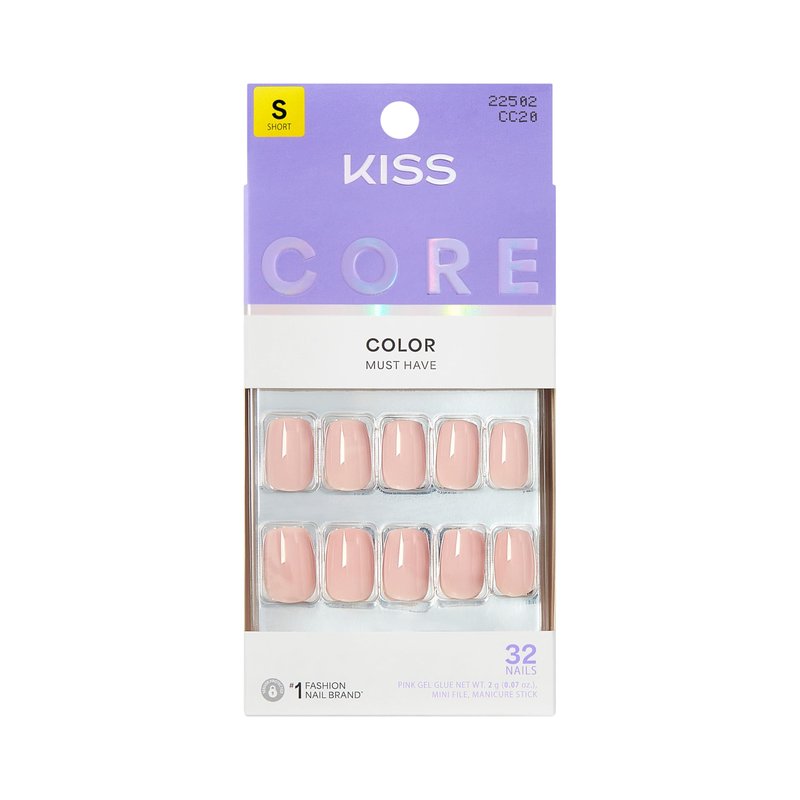 Kiss Core, Press On Nails, Nail glue included, 'Aesthetic', Pink, Short Size, Squoval Shape, Includes 32 Nails, 2g Glue, 1 Manicure Stick, 1 Mini File