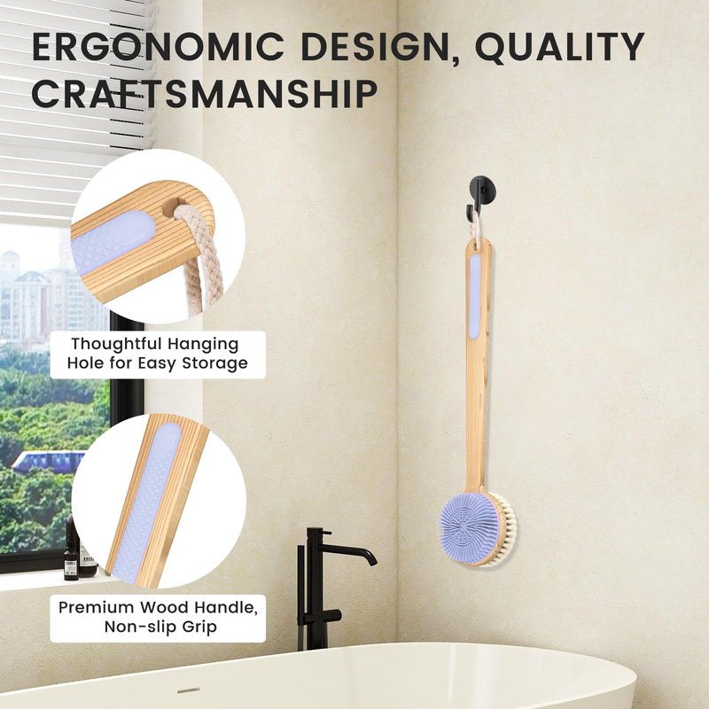 Back Scrubber for Shower - Double-Sided Silicone and Super-Dense Bristles for Deep Cleaning & Exfoliation, Bamboo Long Handle with Wider Anti-Slip Grip, Body Exfoliator for Wet or Dry Brushing