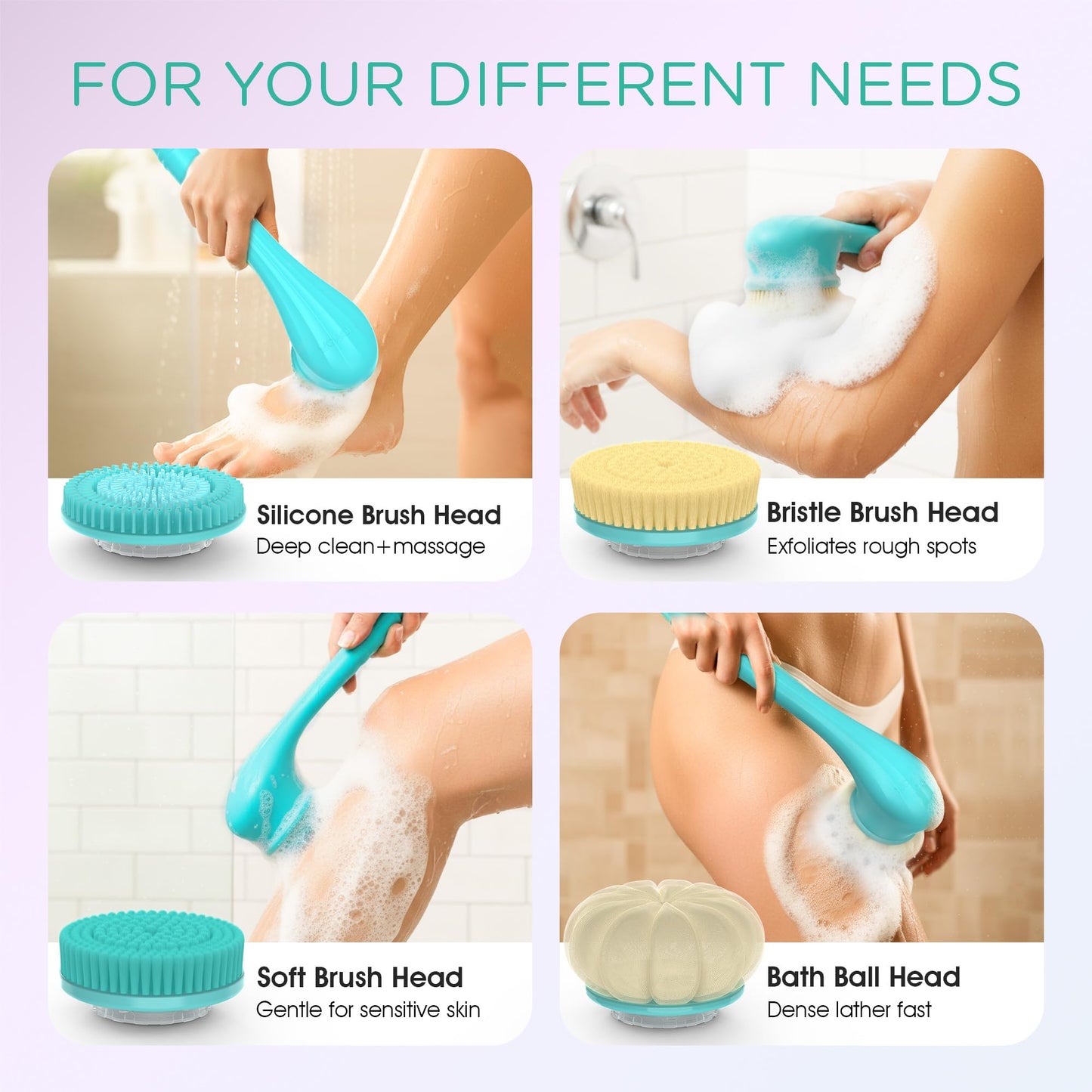 VOYOR Electric Body Brush Back Scrubber Silicone Body Scrubber Two-Way Rotating Brush Head for Deep Cleaning, Exfoliation, 4 Attachments Long Handle IPX6 Rechargeable Shower Brush BC300 (Blue)