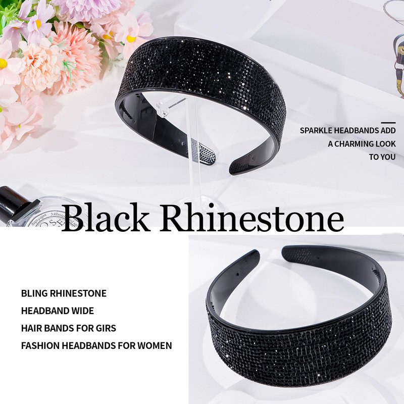 Amariver Black Rhinestone Sparkly Glitter Crystal Beaded Wide Bling Jeweled Headband Hair Accessories for Women and Girls