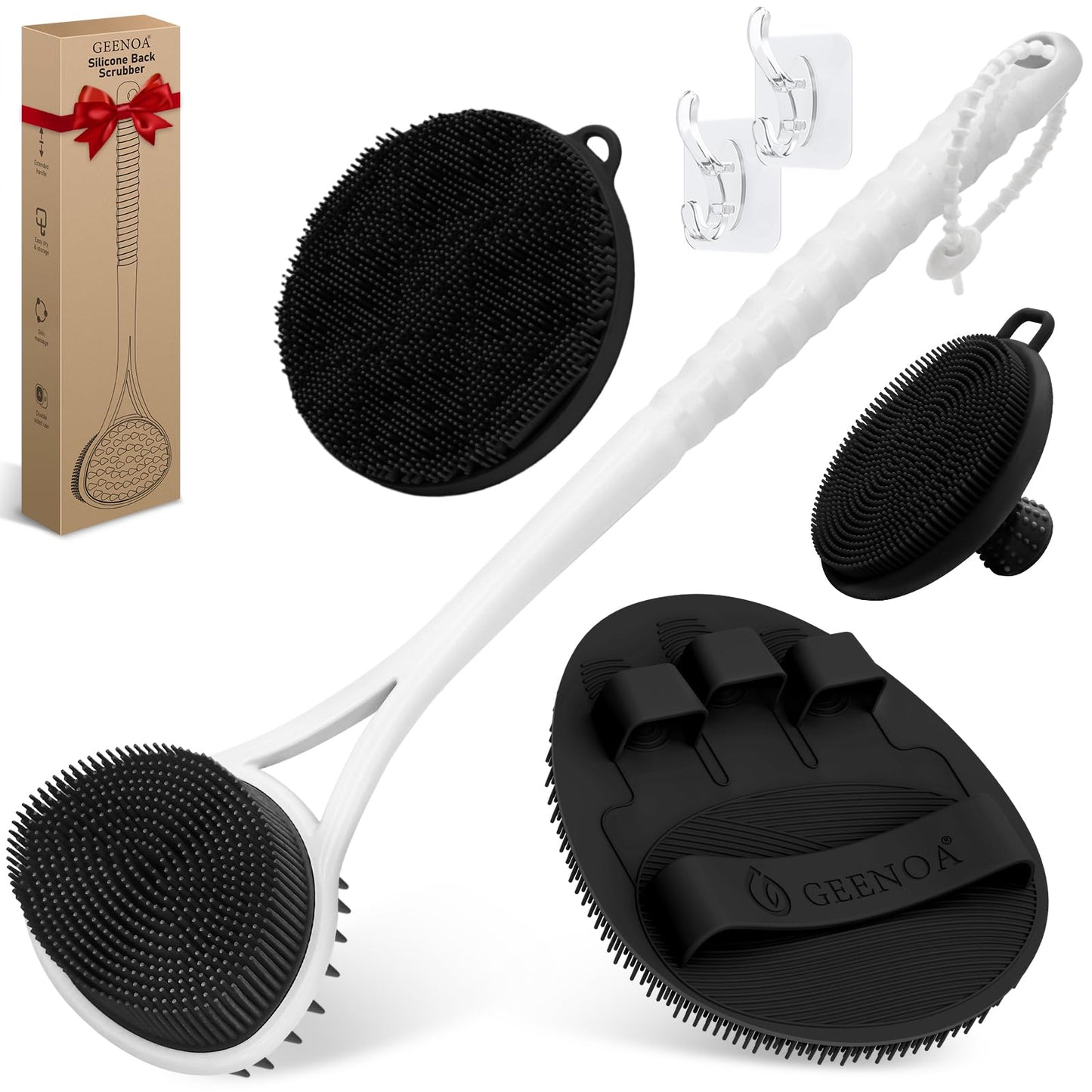 GEENOA Silicone Face/Body/Back Scrubber Set, 15.35’’ Soft Back Scrubber for Shower with Dual-Side Brush Head, Silicone Body Scrubber Facial Scrubber with Dense Bristles and Non-Slip Handle(Pink-3PCS)