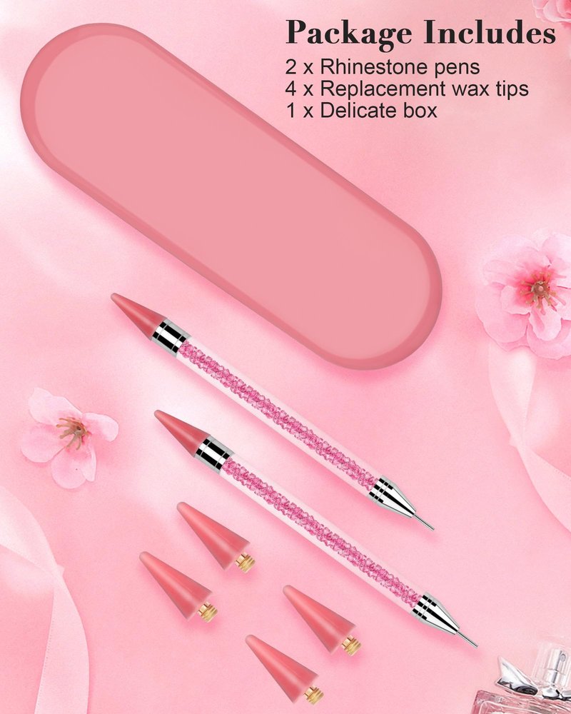 Rolybag Rhinestone Picker Tool, 2PCS Rhinestone Applicator Tool Dotting Wax Pen Dual-Ended with 4PCS Replaceable Wax Tips for DIY Nail Art Tool (Pink)