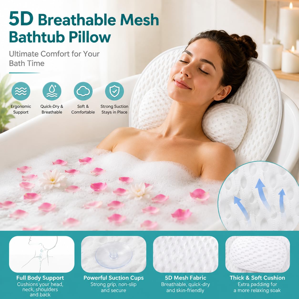 SQLHM Bath Pillows for Tub, Luxury Bath Pillow for Neck and Back Support - with Comfortable Breathable Cotton 6 Non-Slip Suction Cup Bathtub Accessories - Spa Bath Mat Gifts for Women (White)