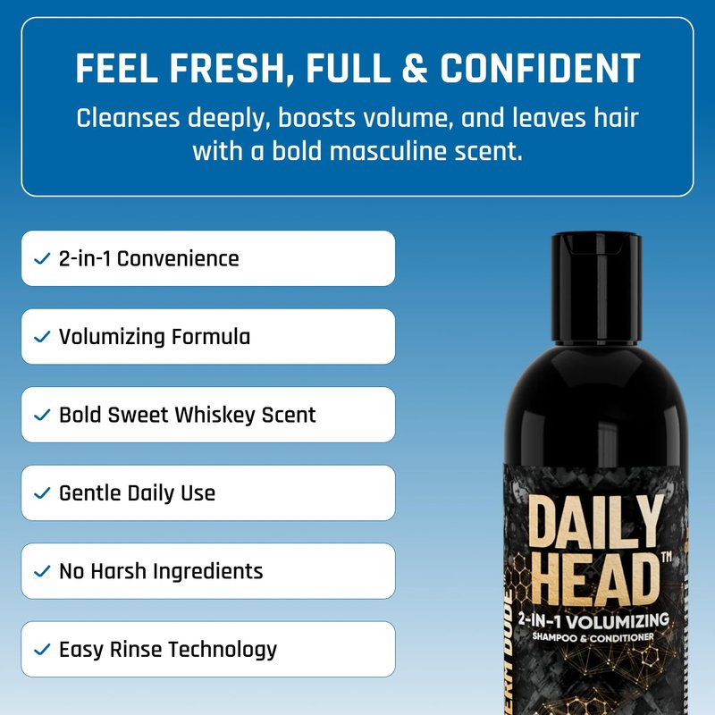 Derm Dude Daily Head 2-in-1 Volumizing Shampoo & Conditioner for Men | Thickening Hair Wash with Biotin, Saw Palmetto & Caffeine | Strengthens, Cleans & Boosts Fuller-Looking Hair, 8oz