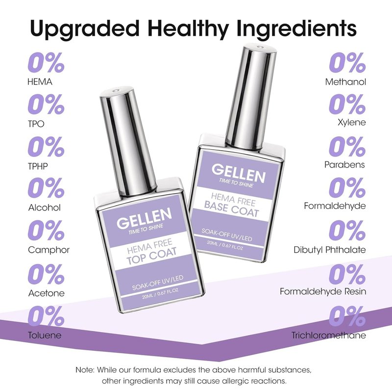 GELLEN Gel Base and Top Coat - Hema-Free Glossy Finish | 20ml No Wipe Soak Off Nail Polish